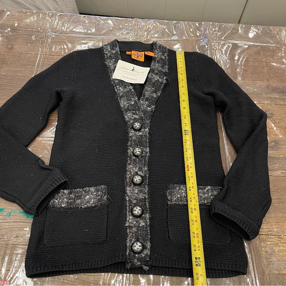 Tory Burch Black Cardigan Sweater with V-neck and Floral Trim - Picture 9 of 14